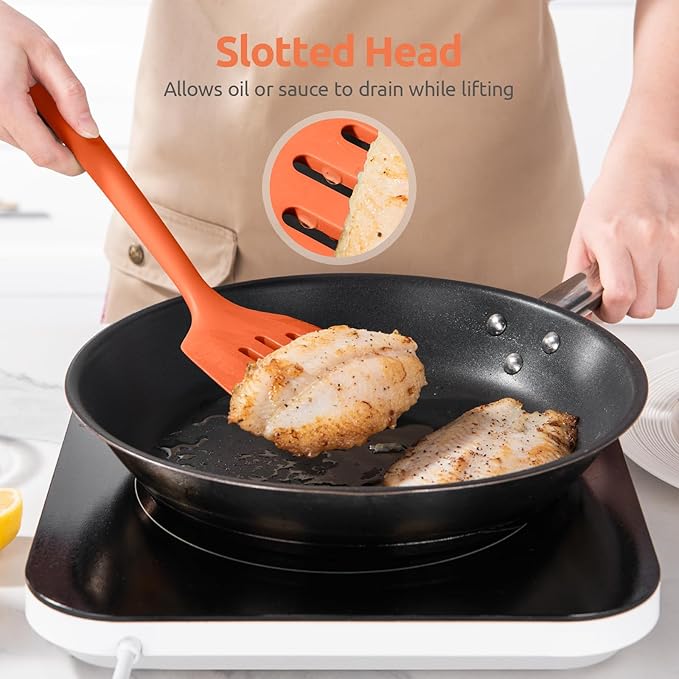 600ºF Heat Resistant Silicone Turners: U-Taste 13.6in Long Solid & Slotted Kitchen Spatula Flipper, Large Flexible Cooking Utensil for Flipping Egg, Pancake in Nonstick Cookware(Orange, 2PCS) U-Taste