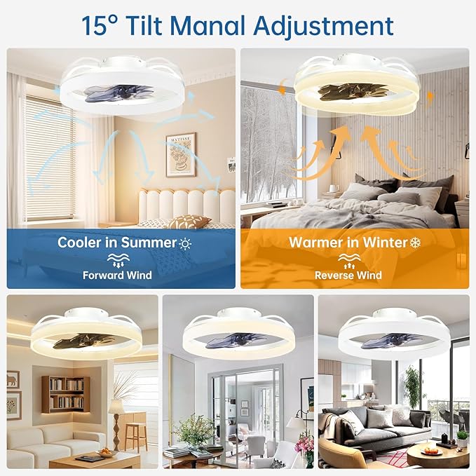Smart Ceiling Fan with Lights and Alexa Assistant/APP/Remote Control Low Profile Fan with 6 Speeds, 15° Tilt Manal Adjustment, Stepless Color Temperature Change for Home, Office White Kick Boosters