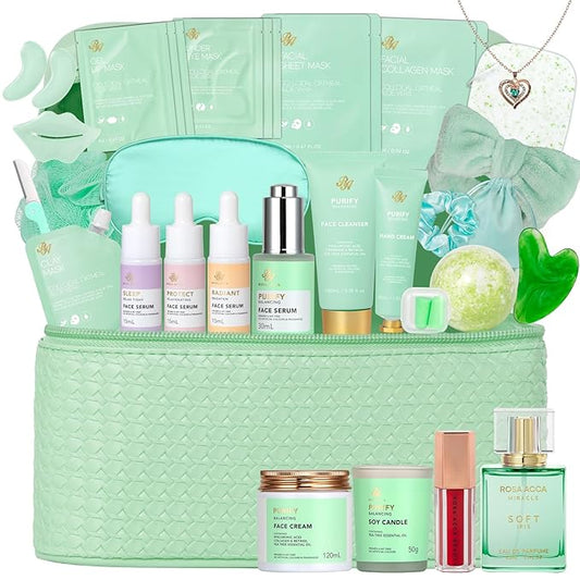 Christmas Gifts for Women, 33 Pcs Tea Tree Collagen Face Sheet Mask, Skin Care Gift, Self Care Kit Spa Gift Baskets, Necklace, Lip Gloss, Bath and Body Set, Face Serum, Mother Day, Birthday Present RAROSAACCA