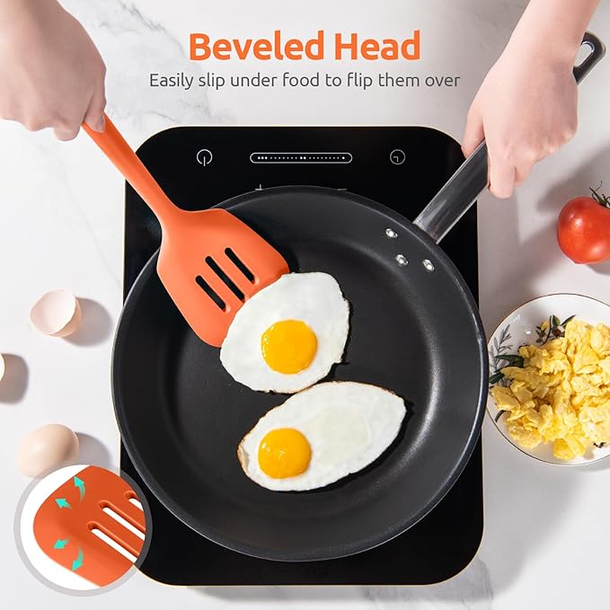 600ºF Heat Resistant Silicone Turners: U-Taste 13.6in Long Solid & Slotted Kitchen Spatula Flipper, Large Flexible Cooking Utensil for Flipping Egg, Pancake in Nonstick Cookware(Orange, 2PCS) U-Taste