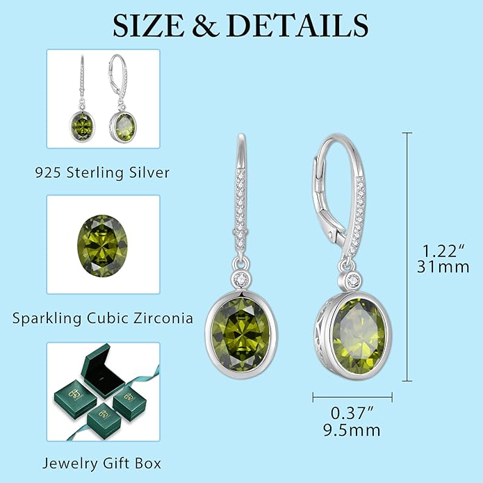 FJ Oval Cut Dangle Drop Earrings 925 Sterling Silver Leverback Earrings Birthstone Jewelry Gifts for Women FJ