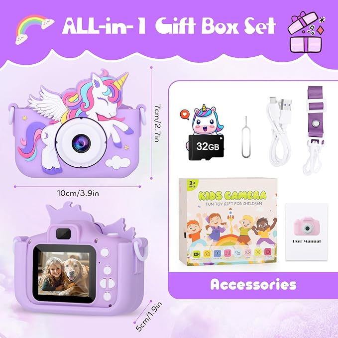 Kids Camera Unicorn Toys for Girls, Digital Camera for Kids Age 3-8 Toddler Travel Toys, Birthday Gift for Girls 3 4 5 6 7 8 Year Old Christmas, HD 1080P Video Camera, 32G SD Card Included (Purple) AlotwanKidsToys