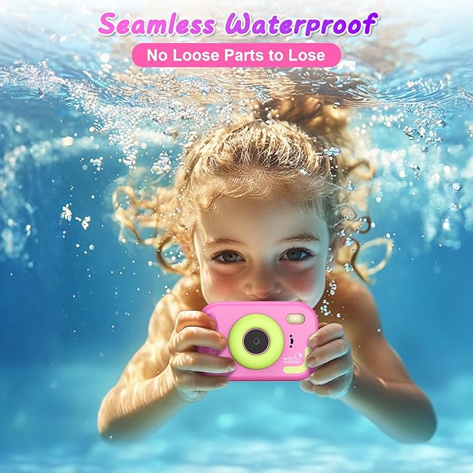 Kids Waterproof Camera, 1080P HD Underwater Digital Camera for Kids Aged 3-12, IP68 Swimming & Snorkeling Toy, ABS Plastic, 32GB Card, Birthday Gift for Children Boys Girls, Pink Kick Boosters