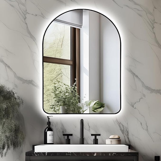 Niccy Arched LED Lighted Bathroom Mirror, 40x30 Inch Backlit Vanity Bathroom Mirror with Lights Brushed Black Framed Wall Mounted Mirrors with 3 Color Shatterproof Arch Smart Fog Free Mirror Niccy