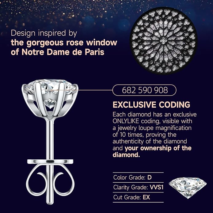 Earrings for Women, Gifts for Wife Mom, 0.6 carat-3 carat Moissanite Stud Earrings, Anniversary Jewelry Present for Wife, Birthday Gifts WelcometoONLYLIKE