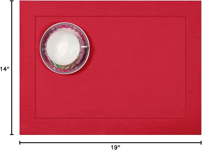 D'Moksha Homes Linen Placemats Set of 4 - Classic Hemstitch Bright Red Placemats 14 x 19 Inch - 100% Pure Linen Table Mats for Fall, Autumn and Halloween - Handcrafted and Machine Washable DMokshaHomes