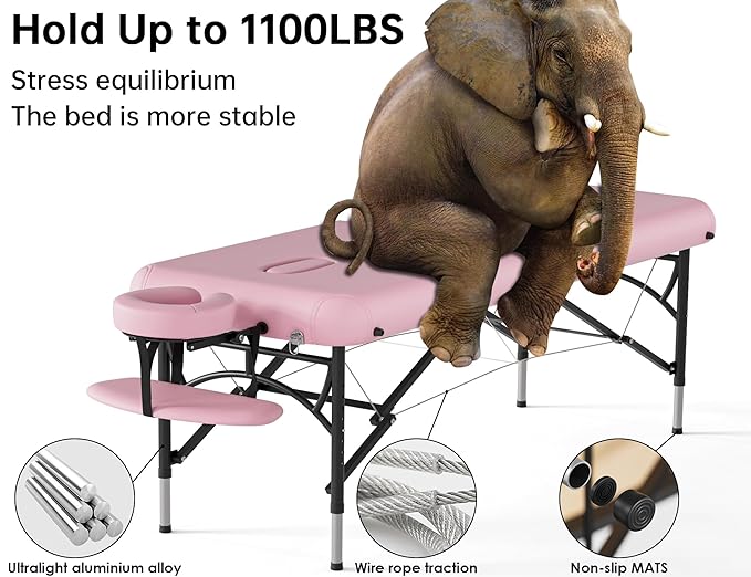 CLORIS 84" Professional Massage Table Portable 2 Folding Lightweight Facial Salon Spa Tattoo Bed Height Adjustable with Carrying Bag & Aluminium Leg Hold Up to 1100LBS Pink CLORIS-Direct