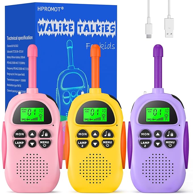 Walkie Talkies for Kids Rechargeable 3 Pack Walkie Talkies, Long Range 22 Channels 2 Way Radio Kids Birthday Toy Gift for 3-12 Year Old Boys Girls Outdoor Adventures Camping Hiking HPROMOT