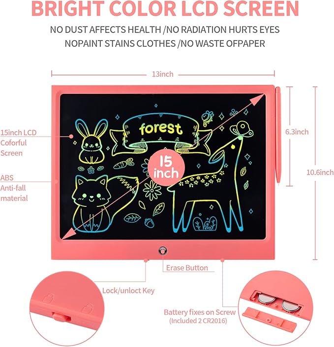 LCD Writing Tablet for Kids, 15 Inch Colorful Electronic Doodle Board, Educational Learning Kids Drawing Tablet Toys, Christmas Birthday Gift for 3 4 5 6 7 8 9 Year Old Girls Boy ERUW