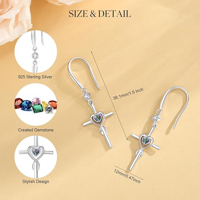FANCIME Gift for Women Cross Dangle Drop Earrings 925 Sterling Silver Heart Birthstone Earring Fine Jewelry Birthday Gifts for Her Women FANCIME