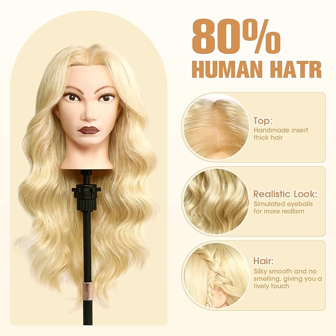 MYSWEETY Mannequin Head Human Hair, 26" Cosmetology Mannequin Head with 80% Human Hair, Doll Head for Hair Styling with Clamp Holder and Tools (White) MYSWEETY