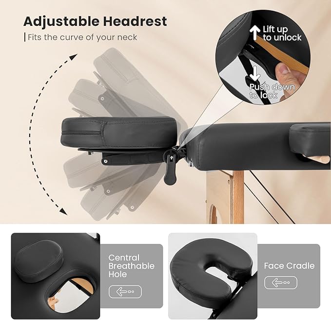 Giantex Massage Table, Portable Massage Bed w/Carrying Case, 2-Section Salon Spa Facial Care Tattoo Bed, Height Adjustable, Wood Frame, Professional Massage Lash Bed for Eyelash Extension (Black) Giantex