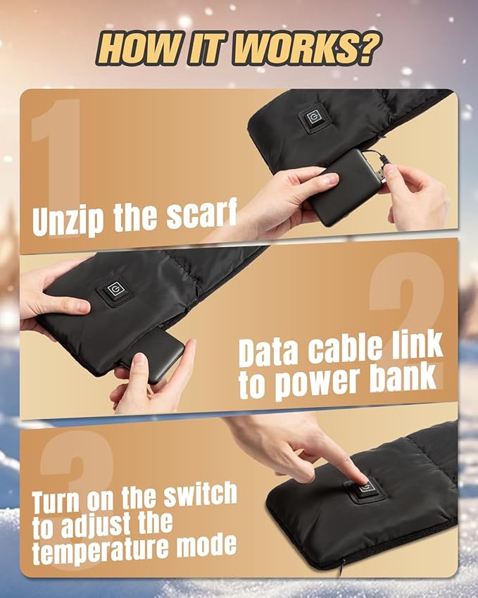 Eventek Rechargeable Heated Scarf for Women & Men - Electric Heated Neck Warmer with 5500mAh Battery, Up to 10 Hours Heating for Cold Weather, Neck Pain Relief, Skiing, Outdoor Activities(Black) EVENTEK