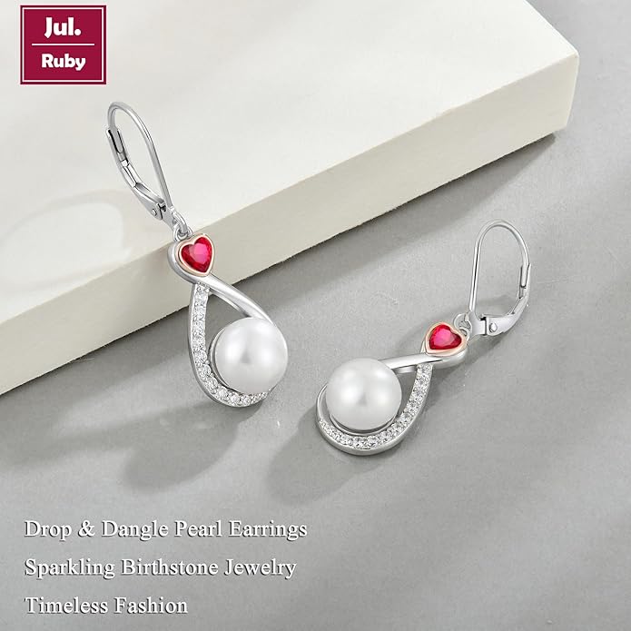 Heart Birthstone Pearl Earrings, 925 Sterling Silver Infinity Dangle Drop Leverback Earrings, 9mm Freshwater Cultured Pearl & 4mm Gemstone Jewelry Valentine's Day Gift for Women VESHONJEWELRY