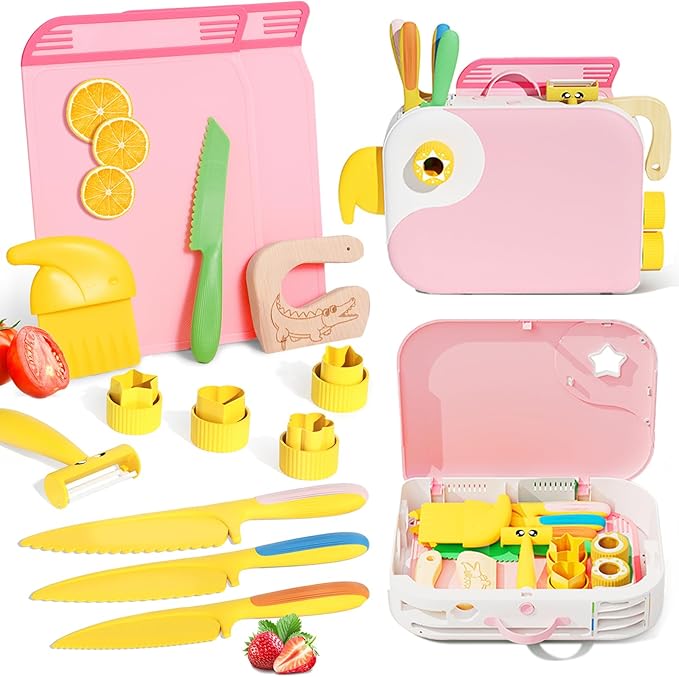 Montessori Kitchen Tools for Toddlers,Kids Knife for Real Cooking,Toddlers Knife Set with Storage Box Kids Safe Knives Children Cutting Set and Peeler,Montessori Toys for Kitchen Set -Pink Lullulii