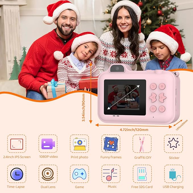Kids Camera Instant Print, 1080P HD Dual-Lens Selfie,Toddler Digital Camera with 5 Rolls Paper & 32GB Card, Children Christmas Birthday Gifts Toys for Age 3 4 5 6 7 8 9 10 11 12 Years Old Girls Boys xuweicn