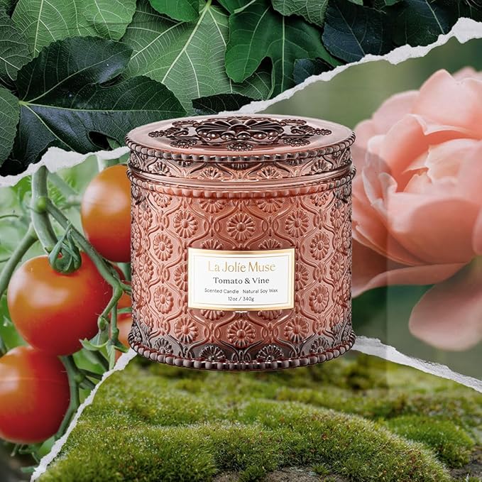 LA JOLIE MUSE Tomato & Vine Candle - Tomato Leaf, Rose, Moss | 12 oz Large 2-Wick Soy Wax Candle | 60 Hours Clean Burn | Fresh Garden Scented Candle | Gift-Ready for Hosts & Gatherings LaJol%C3%ADeMuse