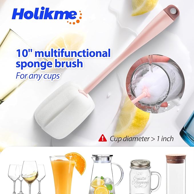 Holikme Bottle Brush Tube Cleaning Lab Set with Long Handle, Cup Cleaner for Washing Narrow Neck Beer Wine Decanter Pipes Lids Sinks Cap Covers, Pink Holikme