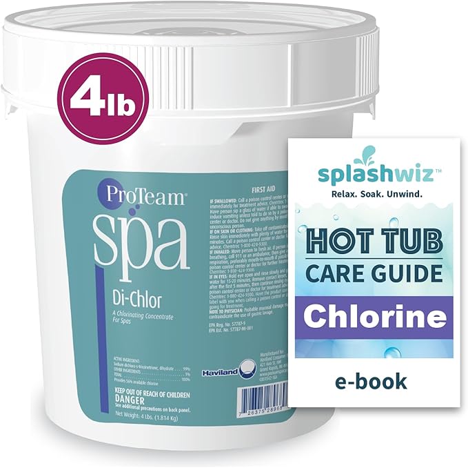 ProTeam Spa Di-Chlor - Hot Tub Chlorine for Hot Tubs and Spa Sanitizer for Hot Tub with SplashWiz Hot Tub Chemicals Care Guide - Made in USA (4 lb) SplashWiz%E2%84%A2