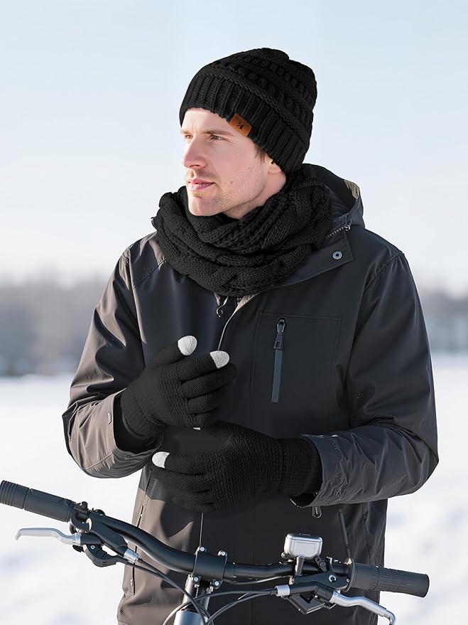 Winter Beanie Hat Scarf Gloves Set Warm Knit Fleece Touchscreen Gloves Neck Scarf Set Adult Winter Gift for Men Women KUTTOR