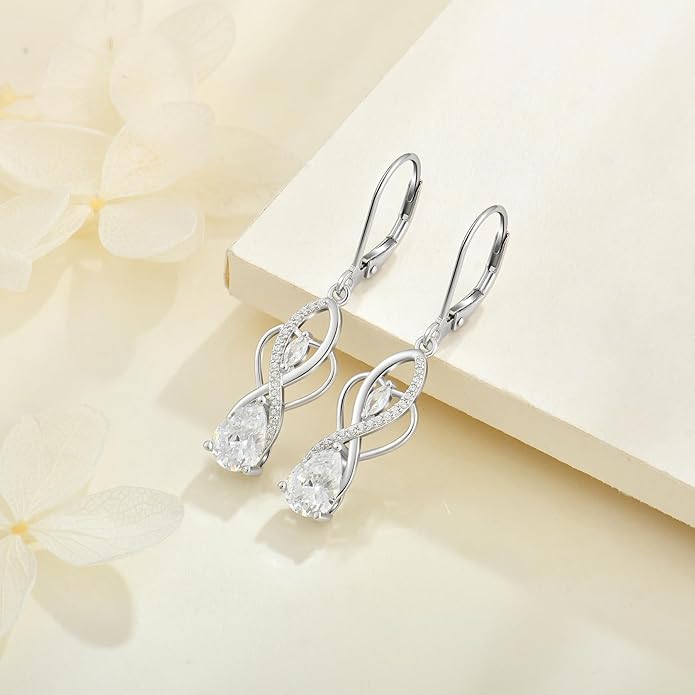 Infinity Butterfly Earrings 925 Sterling Silver Birthstone Dangle Drop Leverback Earrings Cubic Zirconia Hypoallergenic Jewelry Birthday Christmas Gifts for Women Mother Wife Her FYNSBLE