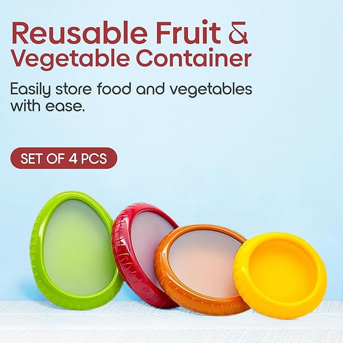 Set of 4 Food Popz Storage Containers | Fruit and Vegetable Anti-Oxidation Storage Box for Avocado, Onion, Lemon & Tomato | Fresh Pod Reusable Fruit Antioxidant Storage for Fridge | BPA-Free Box Doublewave