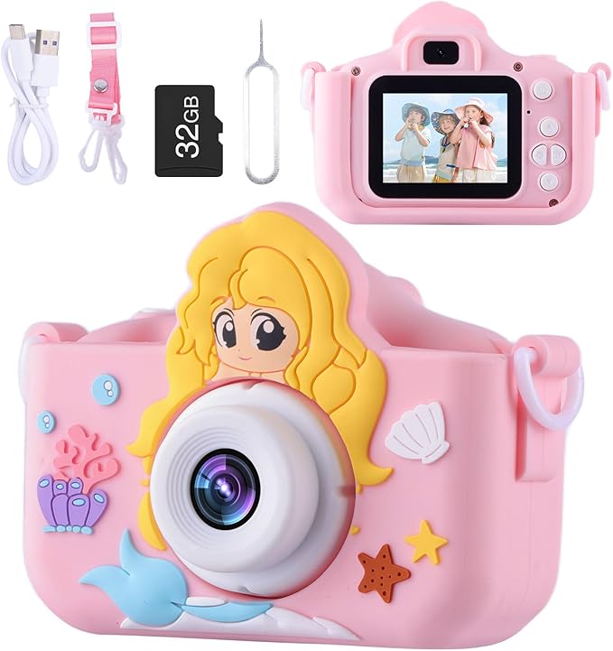 Camera for Kids Girls Age 3-8, Mermaid Toys Toddler Digital Camera Christmas Birthday Gifts for 3 4 5 6 7 8 Years Old Girl, Cute Selfie Video Camera, HD 1080P, 32GB SD Card EnvyvipLLC
