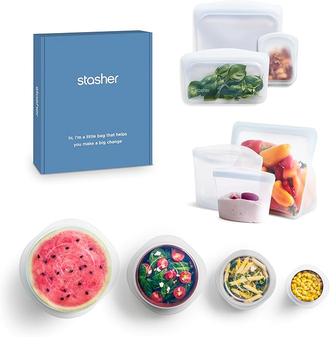 Stasher Premium Silicone Reusable Food Storage Bags and Stretch Lids 10-Pack, Clear, Airtight Seal, Food Containers & Covers, Boxed Starter Kit, BPA Free, Leak-free, Dishwasher Safe, Eco-Friendly Stasher