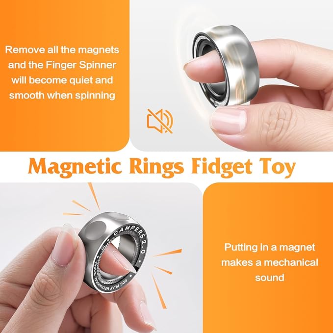 Upgrade Fidget Spinner for Stress Relief,Magnetic Fidget Spinner Rings with Rotating Sounds/Anti-Slip,Stainless Steel Ring Toy Stress Anxiety ADHD Relief Tool, Gifts for Adults and Teens