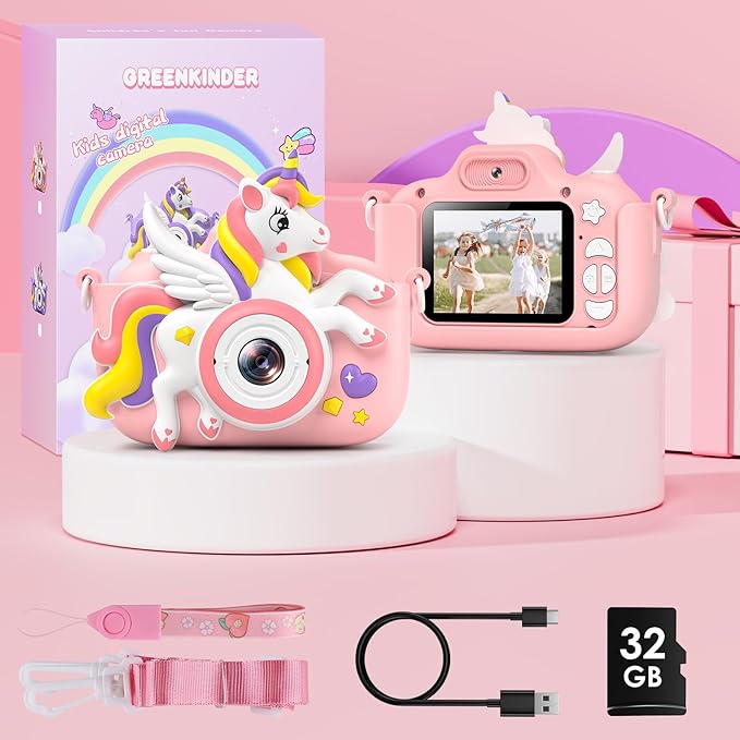 Kids Camera Toys Digital Camera for Girls Boys, Christmas Birthday Gifts for Kids Age 3-12, Selfie 1080P HD Video Digital Camera for 3 4 5 6 7 8 9 10 Year Old Girls with 32GB TF Card GREENKINDERKidsCamera