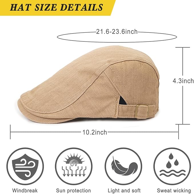 Newsboy Hats for Men Flat Cap Cotton Adjustable Breathable Irish Cabbie Ivy Driving Hunting Hat Xinveen