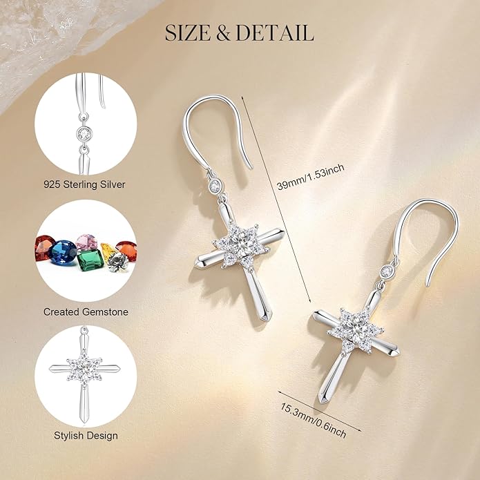 FANCIME Cross Dangle Drop Earrings 925 Sterling Silver Dainty Round Birthstone Earring Fine Jewelry Birthday Gifts for Her Women FANCIME