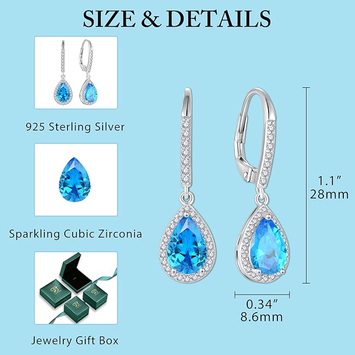 FJ Teardrop Dangle Drop Earrings 925 Sterling Silver Halo Leverback Earrings Birthstone Jewelry Gifts for Women FJ
