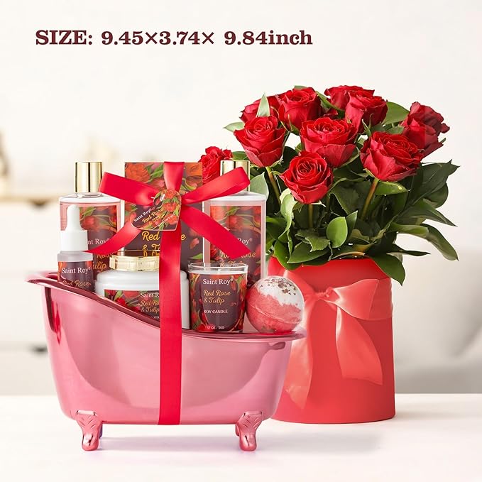 Christmas Gifts for Women, spa kit Gifts for Her Mother's Day Bath Spa Gift Set Red Rose & Tulip Spa Basket Kits for Women, Contains Body Oil, Body Lotion, Salt, self care baskets Mother's Day Gift SaintRoy