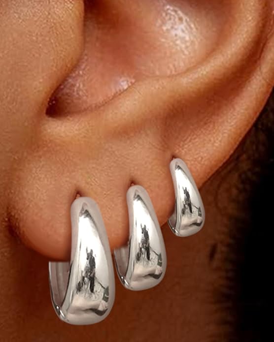 BESTEEL 3Pairs 14K Gold Plated Hoop Earrings Set for Women Chunky Earring Silver Plated Hypoallergenic Small Huggie Hoops Lightweight Tiny Thick Trendy Hoop Earrings Stacks for Multiple Piercing BESTEEL