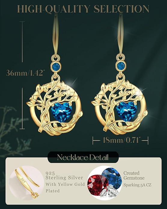FANCIME Tree of Life Dangle Drop Earrings 925 Sterling Silver Dainty Round Gemstone Birthstone Earring Fine Jewelry Birthday Christmas Gifts for Her Women FANCIME