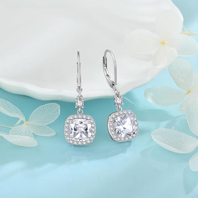 Women Leverback Earrings 925 Sterling Silver Princess Cut Halo Earrings Birthstone Dangle Drop Earrings for Women Her Mom Wife INPASNE