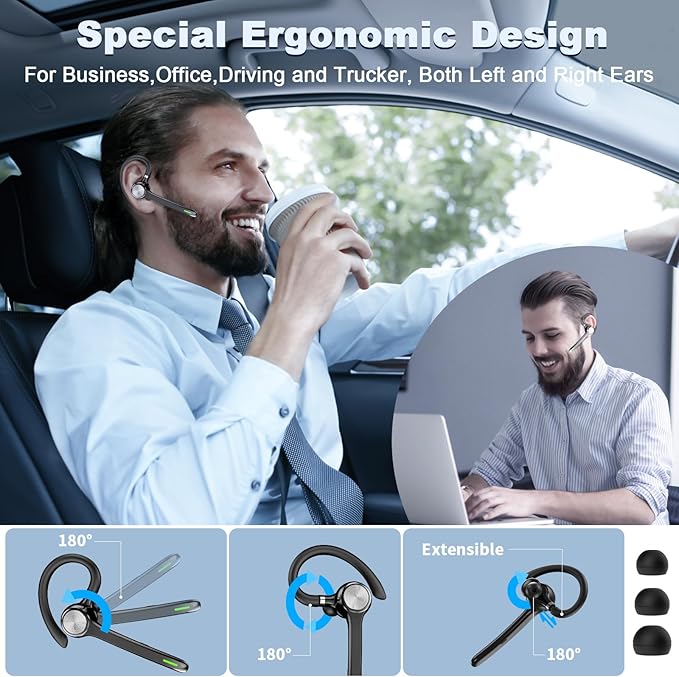 HEIBAS Bluetooth Headset, Wireless Bluetooth Earpiece with 500mAh Charging Case 72 Hours Talking Time Built-in Microphone for iOS Android Cell Phone, V5.1 Hand-Free Headphones for Office-Bright Black HEIBAS