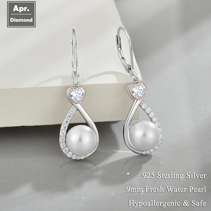 Heart Birthstone Pearl Earrings, 925 Sterling Silver Infinity Dangle Drop Leverback Earrings, 9mm Freshwater Cultured Pearl & 4mm Gemstone Jewelry Valentine's Day Gift for Women VESHONJEWELRY