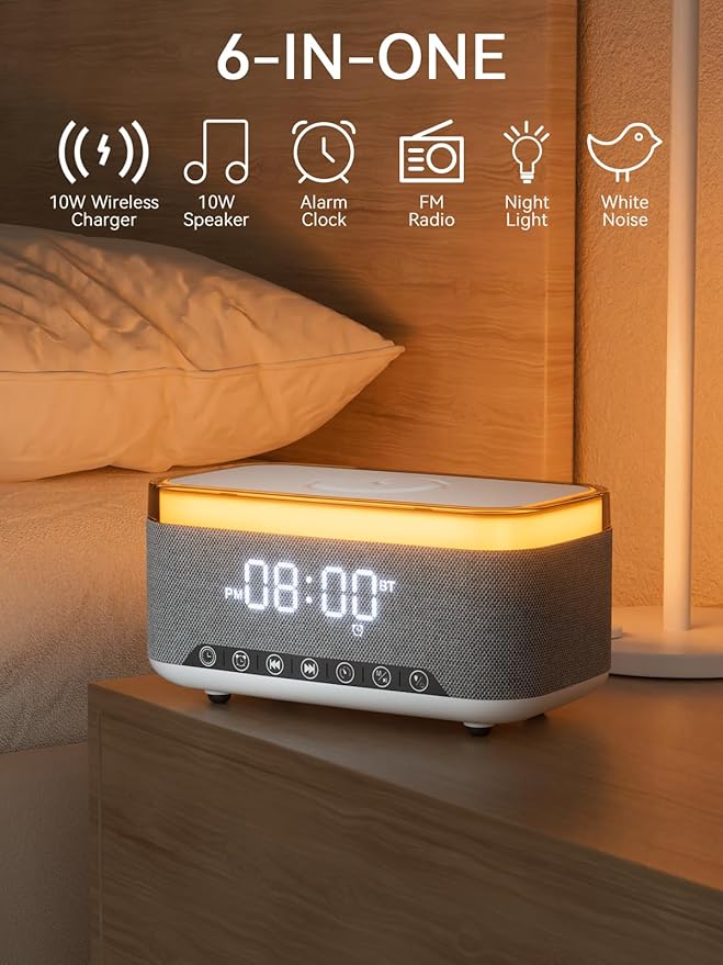 Bluetooth Speaker Alarm Clock with 10w Fast Wireless Charger for iPhone Samsung, 10W Stereo Bluetooth Speaker, 12-Color Night Light, White Noise Machine Digital Clock with FM Radio for Bedroom REATSOC