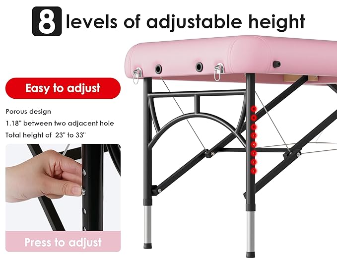 CLORIS 84" Professional Massage Table Portable 2 Folding Lightweight Facial Salon Spa Tattoo Bed Height Adjustable with Carrying Bag & Aluminium Leg Hold Up to 1100LBS Pink CLORIS-Direct