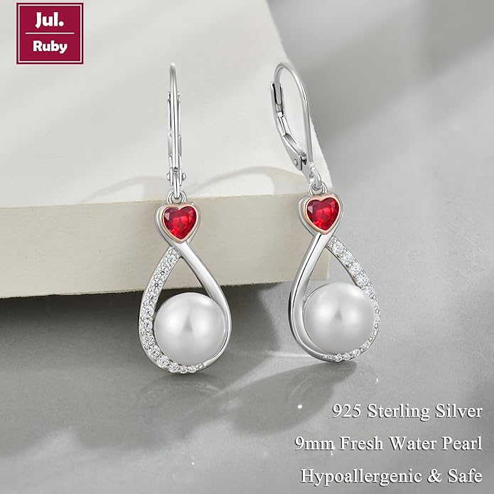 Heart Birthstone Pearl Earrings, 925 Sterling Silver Infinity Dangle Drop Leverback Earrings, 9mm Freshwater Cultured Pearl & 4mm Gemstone Jewelry Valentine's Day Gift for Women VESHONJEWELRY
