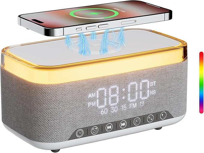Bluetooth Speaker Alarm Clock with 10w Fast Wireless Charger for iPhone Samsung, 10W Stereo Bluetooth Speaker, 12-Color Night Light, White Noise Machine Digital Clock with FM Radio for Bedroom REATSOC