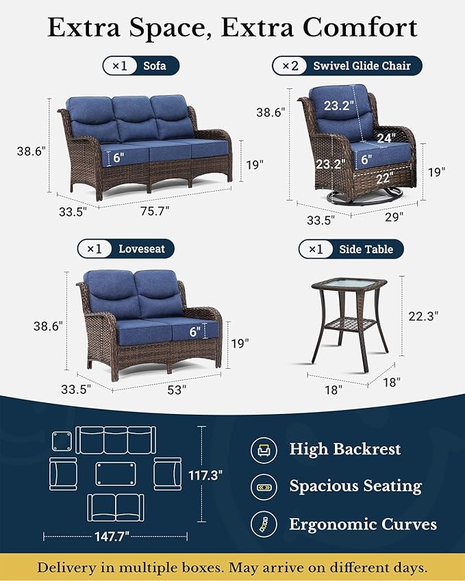 HILLGA Luxury Patio Furniture Set with 6-Inch Thick Cushions, High Back Outdoor Swivel Rocker Chairs Patio Loveseat and Couch, 6-Piece All Weather Conversation Set for Porch Deck Pool Yard, Blue (V3) HILLGA