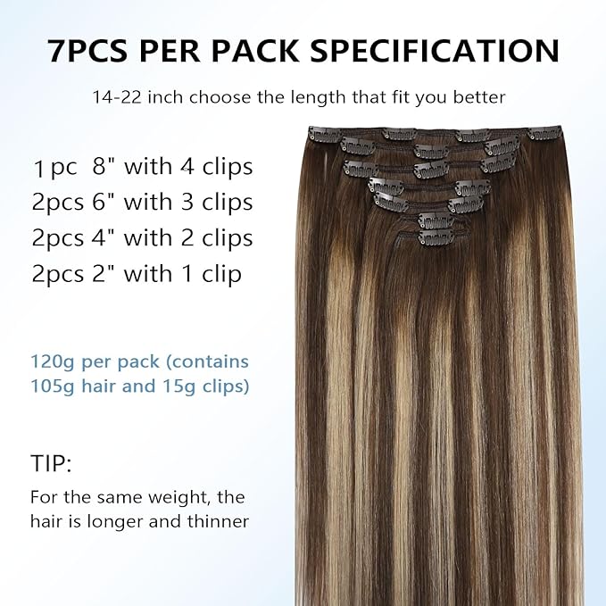 COOKAYU Clip in Hair Extensions Real Human Hair, 4/27/4 Medium Brown to Caramel Blonde Balayage Real Human Hair, Remy Clip in Hair Extensions 18 inch 120g 7pcs COOKAYU