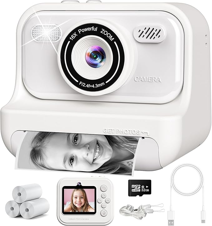 Kids Instant Print Camera,2.4 Inch Screen Kids Instant Cameras, Christmas Birthday Gifts for 3 4 5 6 7 8 9 10 Year Old Girls Boys, Portable Toddler Toy for Girls Age 3-12, White Eaever