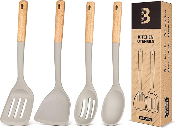 Silicone Cooking Utensils Set, Perfectly Angled for Frying, Mixing,Serving,Draining,Turning and Stirring, BPA-Free Matte Silicone, Wood Handles, Safe for Nonstick Cooking Surfaces,4 Pack (Khaki) BADIANO