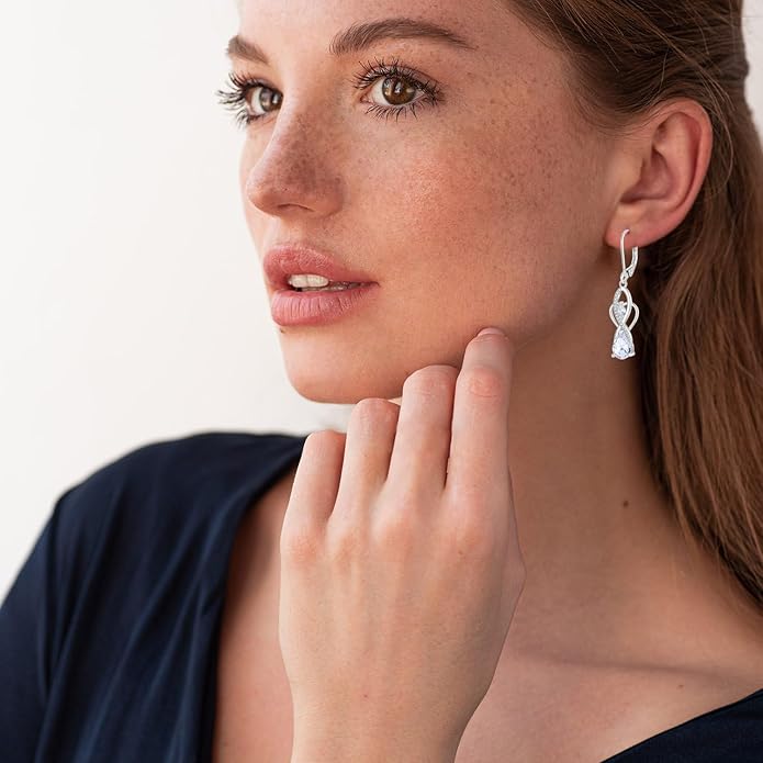 Infinity Butterfly Earrings 925 Sterling Silver Birthstone Dangle Drop Leverback Earrings Cubic Zirconia Hypoallergenic Jewelry Birthday Christmas Gifts for Women Mother Wife Her FYNSBLE