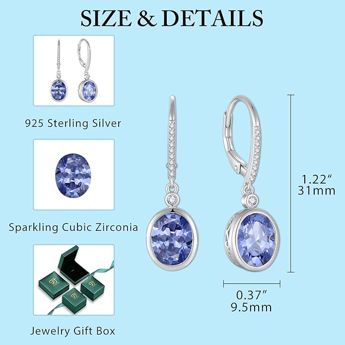 FJ Oval Cut Dangle Drop Earrings 925 Sterling Silver Leverback Earrings Birthstone Jewelry Gifts for Women FJ