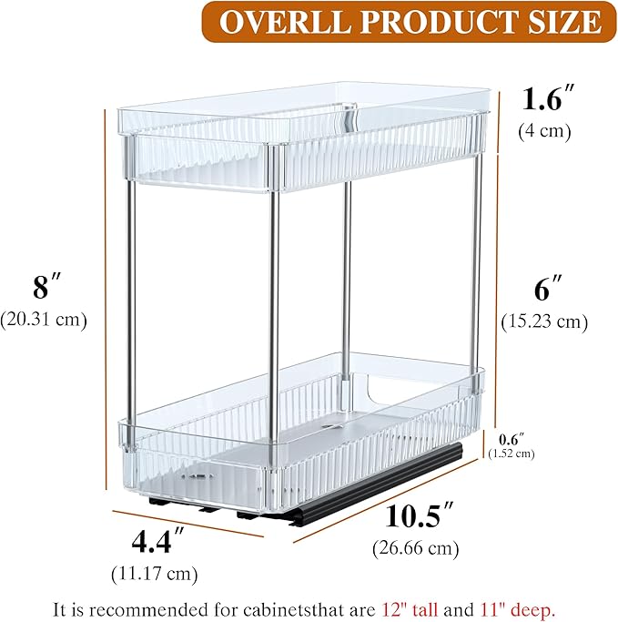 2 Pack Pull Out Spice Rack Organizer for Cabinet, 2 Tier Slide Out Spice Racks Organizer, Spice Cabinet Organizers, Cabinet Size Need:12'' High x 11'' Deep x 5'' Wide, Clear Acrylic DABIGE